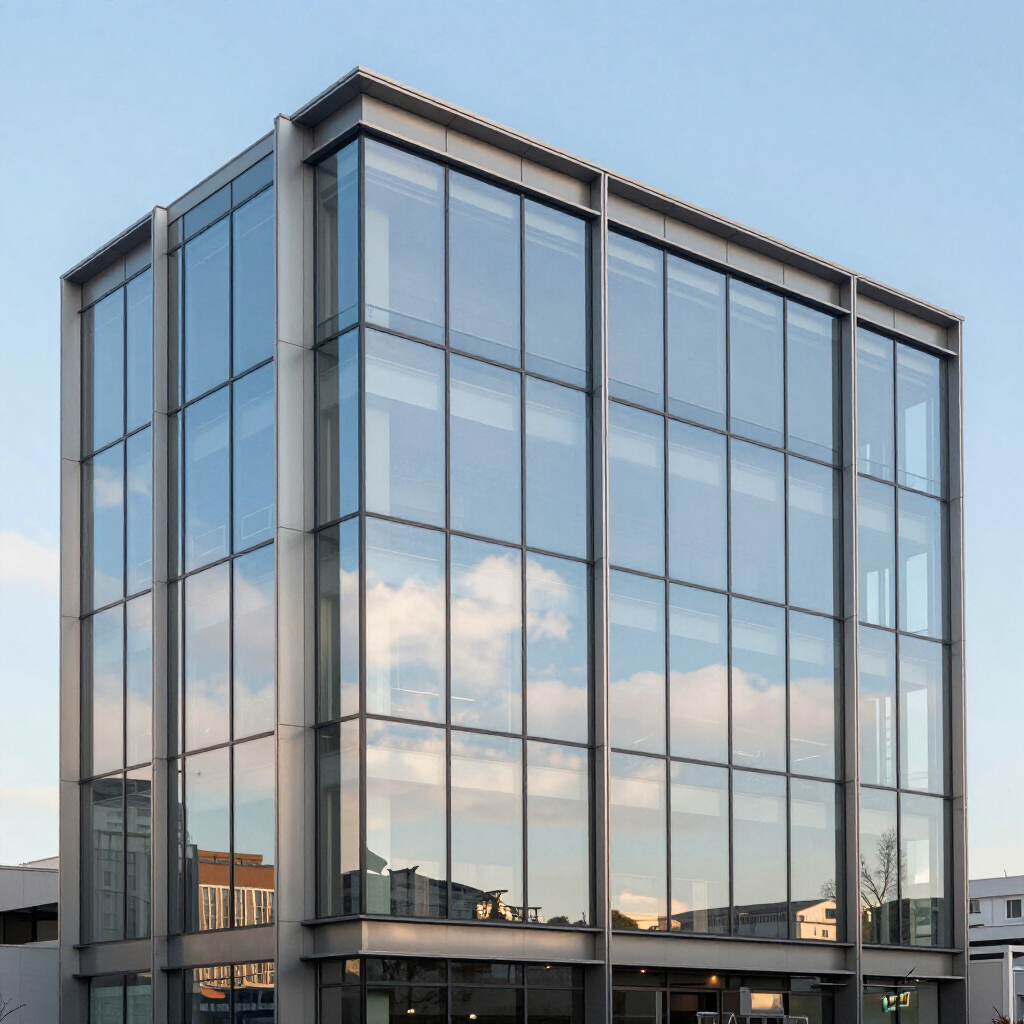 Modern, multi-story office building with a glass facade and gray steel frame under a clear blue sky.