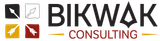 Logo for Bikwak Consulting: Squares with arrows in black, white, gold, and red, with company name.