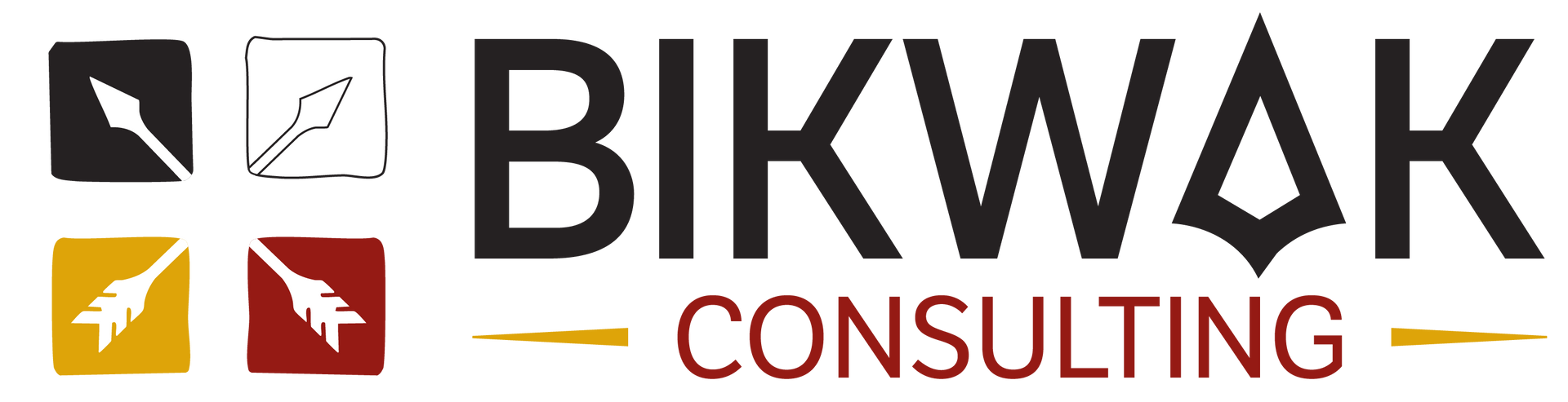 Logo for Bikwak Consulting: Squares with arrows in black, white, gold, and red, with company name.