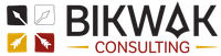 Logo for Bikwak Consulting: Squares with arrows in black, white, gold, and red, with company name.