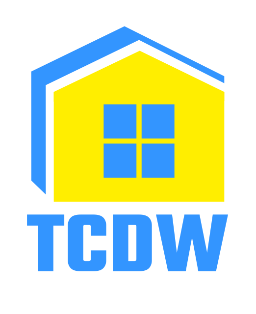 A blue and yellow logo for tc buildings
