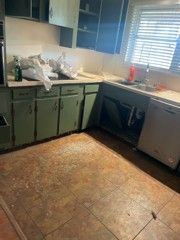 A kitchen with green cabinets and a white dishwasher.