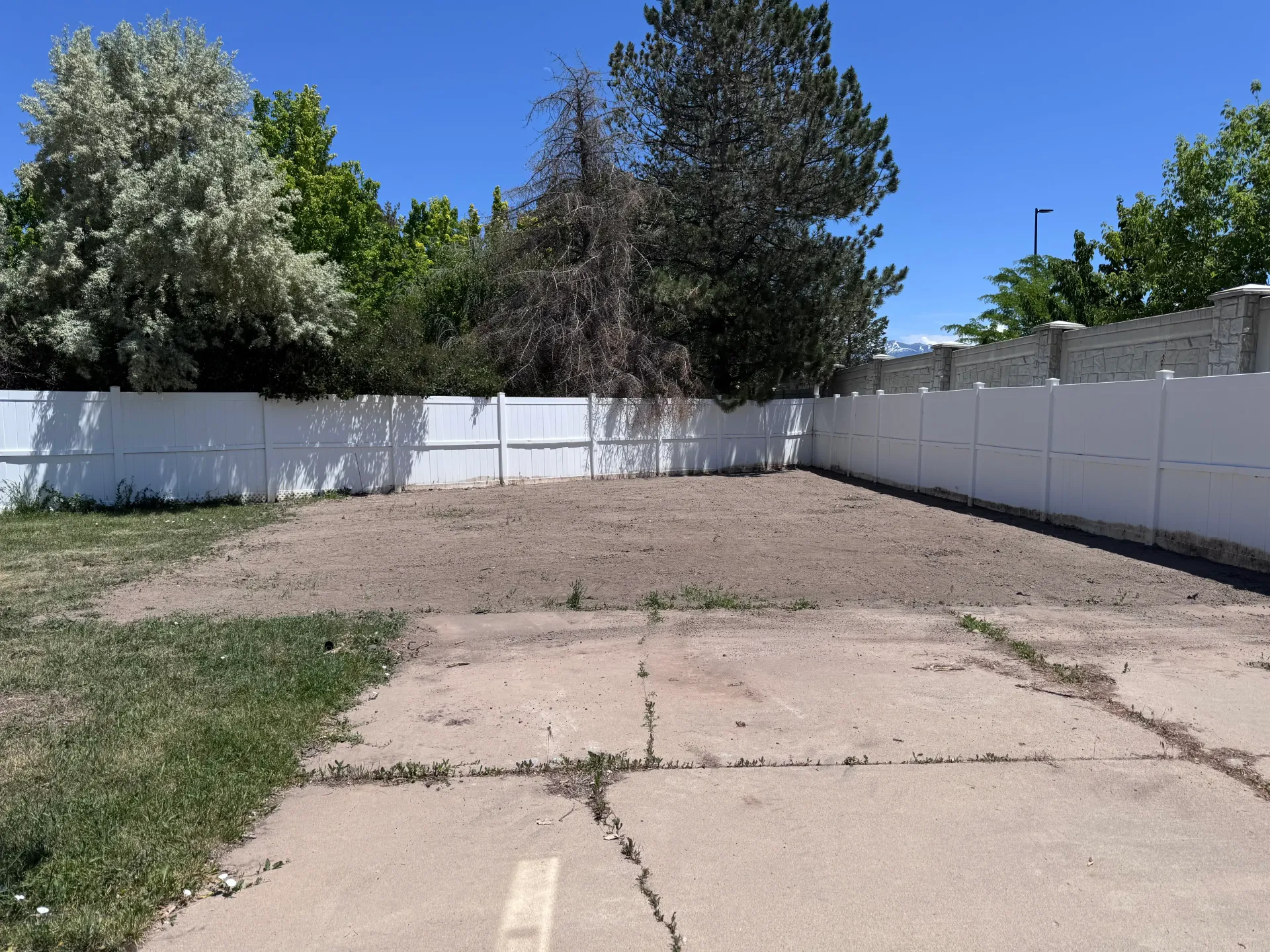 Dirt area surrounded by a white wall, adjacent to a cracked concrete surface with green grass and trees under a clear sky.
