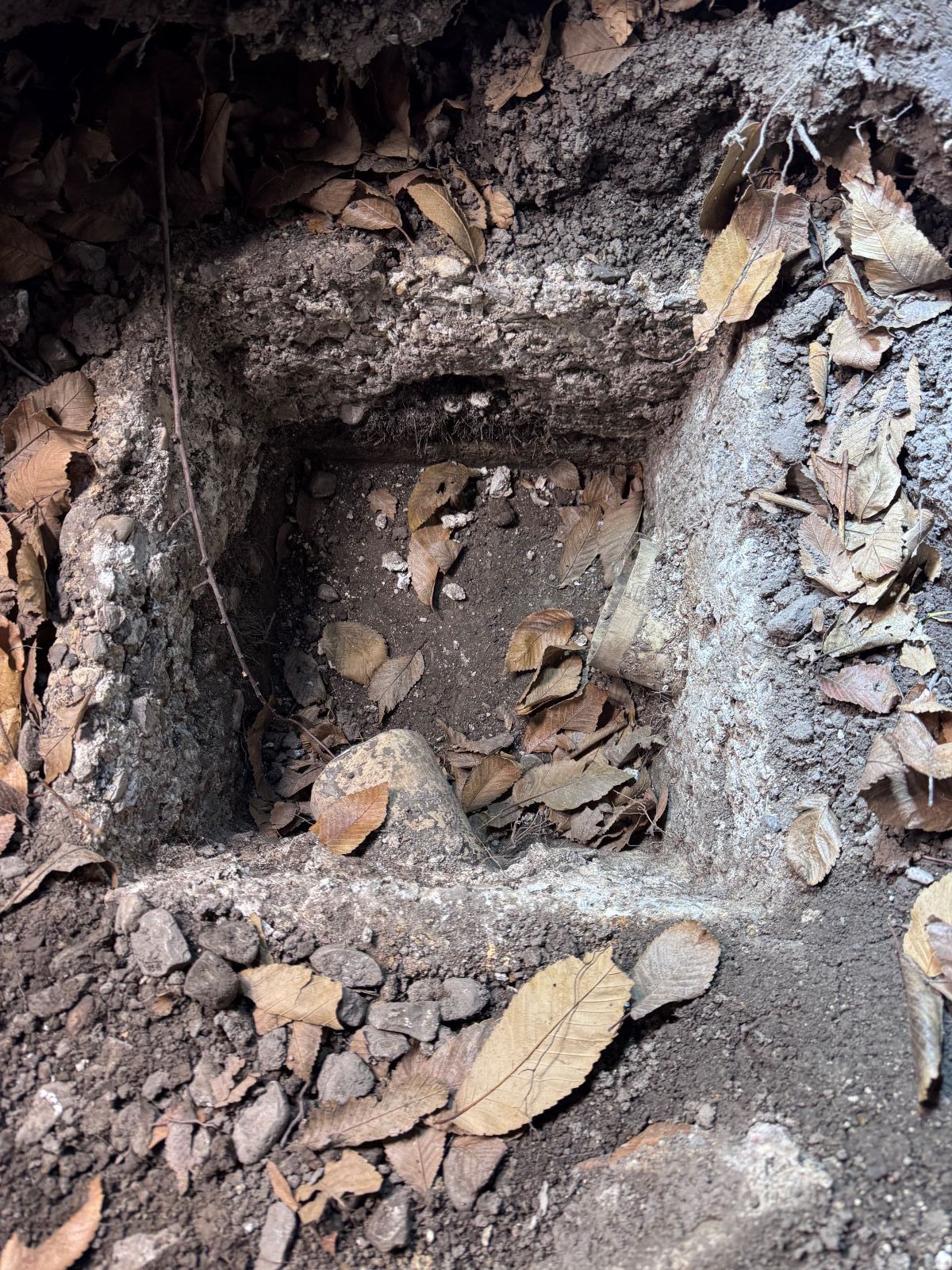 A square-shaped hole in the ground filled with leaves, surrounded by dark soil and stone.