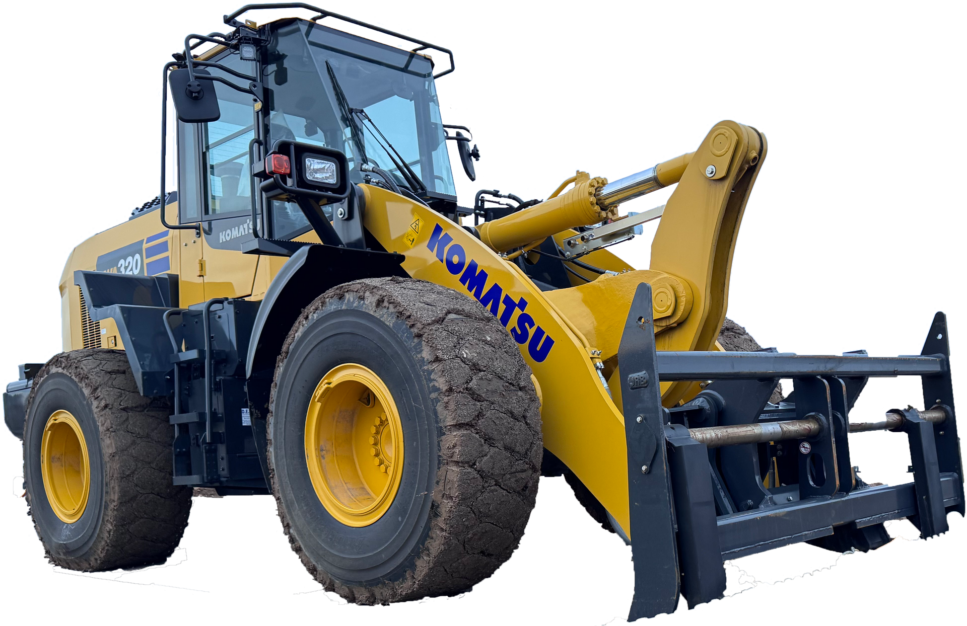 Yellow Komatsu wheel loader with a black grapple attachment.