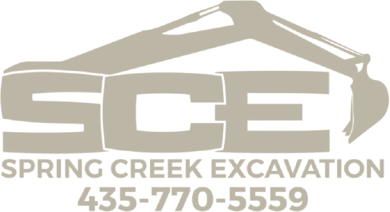 Logo for Spring Creek Excavation featuring excavator silhouette and contact number.