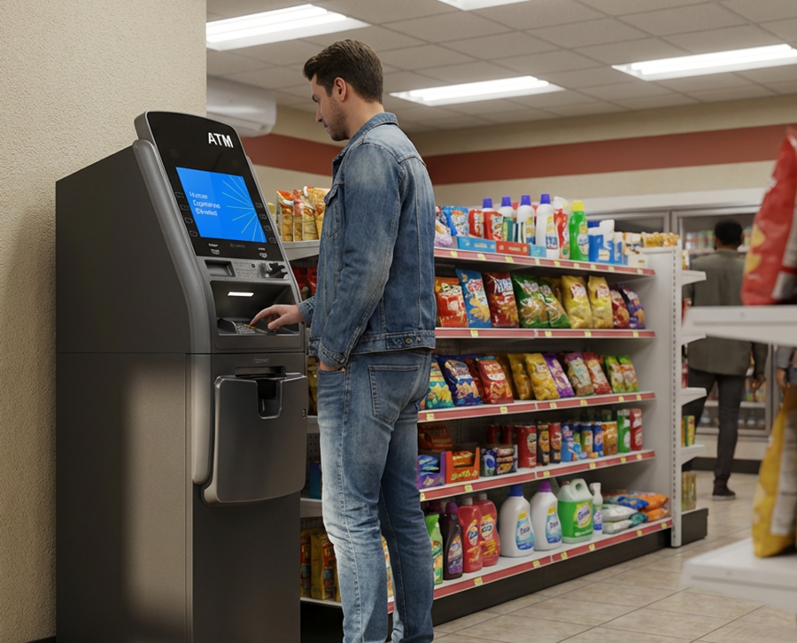 Man using ATM in a convenience store. He wears a denim jacket and is interacting with the machine's keypad. Shelves stocked with snacks are in the background.