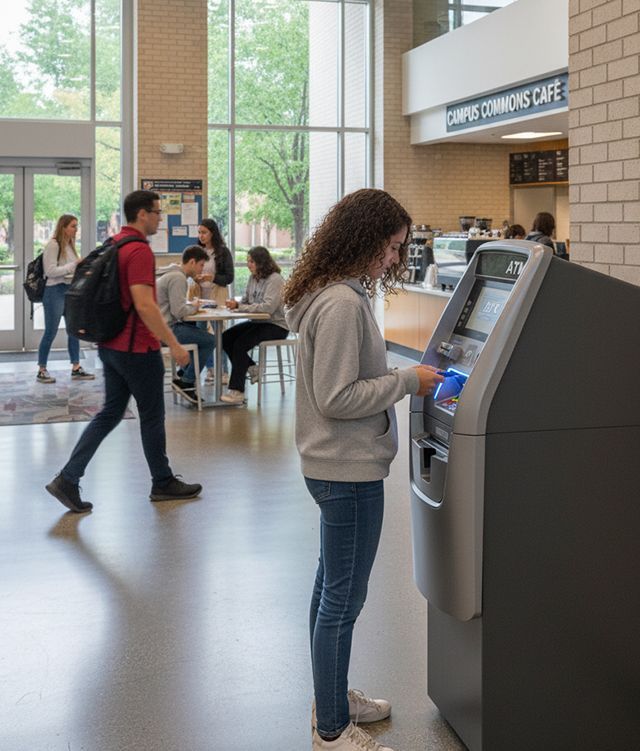 ATM placement on a Illinois college campus providing convenient cash access for students and faculty.