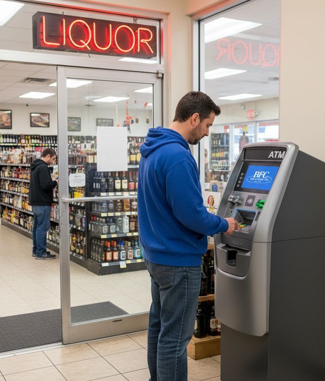 ATM placement inside a Columbia, liquor store providing convenient cash access for customers