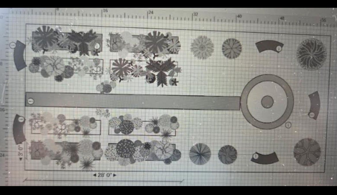 Garden plan blueprint with trees, shrubs, and circular features, on a grid background.