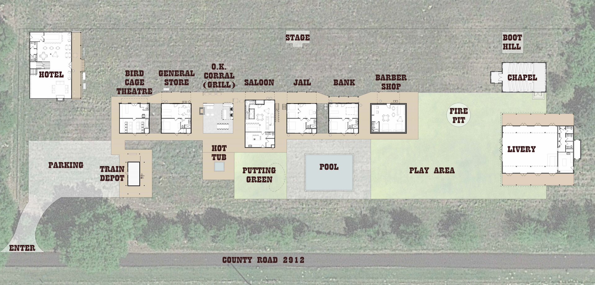 Floor plan of a facility, labeled with various rooms and areas. Includes buildings, parking, and green spaces.