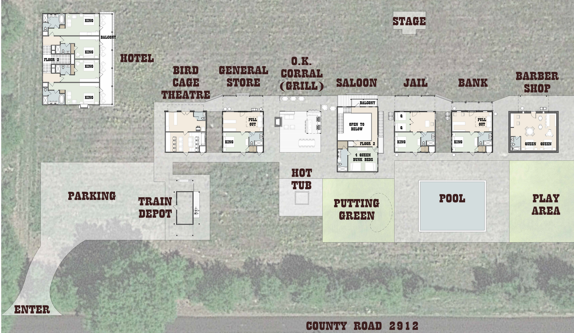 Site map of a Wild West-themed complex featuring buildings like a hotel, saloon, jail, and various outdoor amenities.