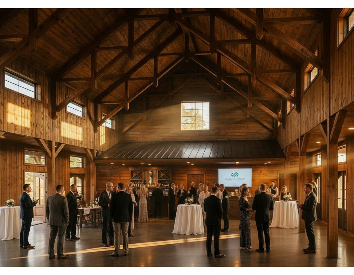 People mingle in a spacious rustic barn with wooden beams and white-clothed cocktail tables at an indoor event.