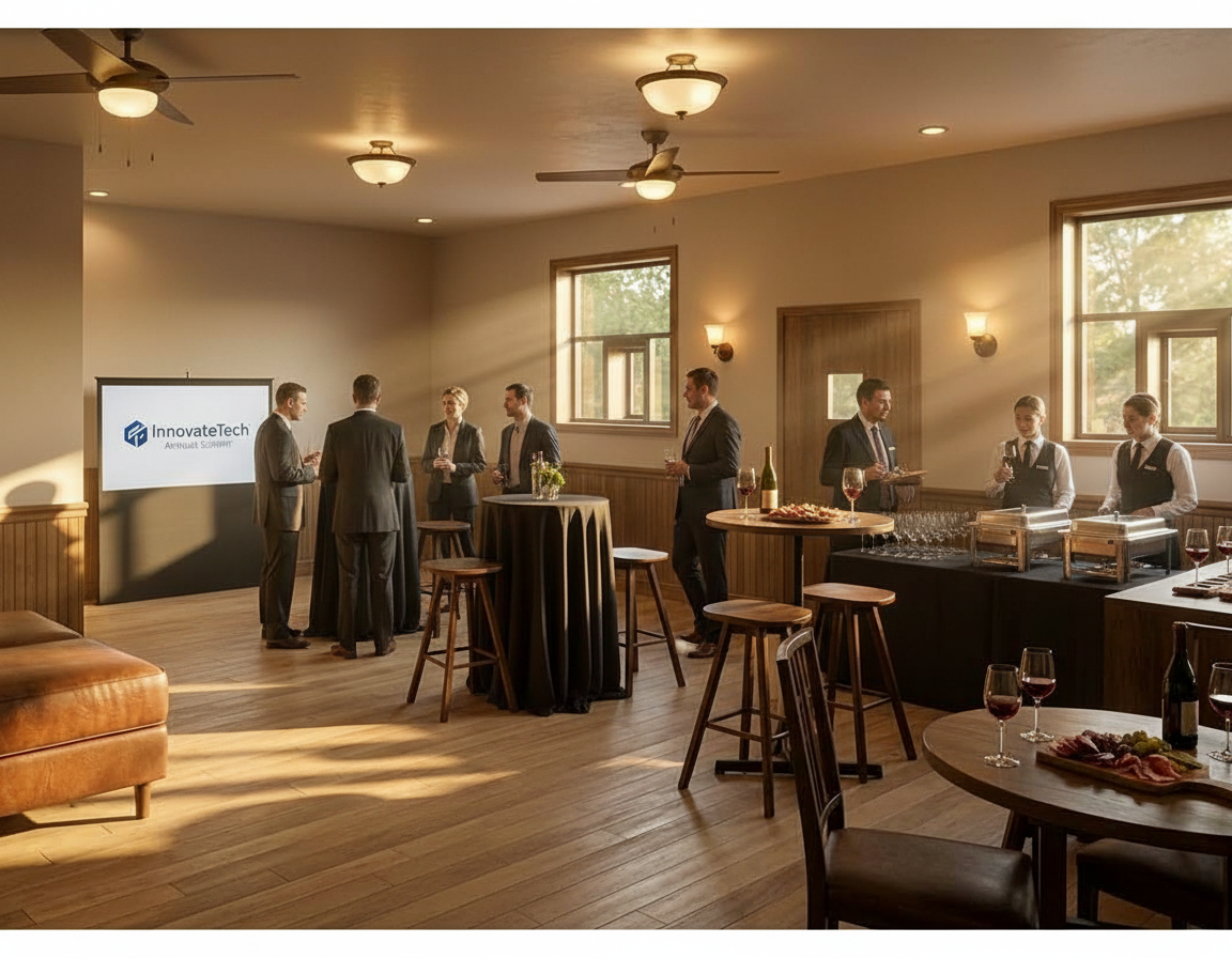 People network in a sunlit hall with a presentation screen, food buffet, and tables during a business event.