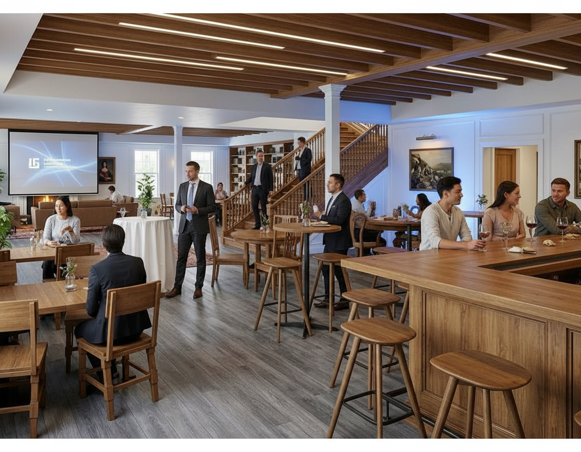 A sunlit, rustic-style banquet hall features people socializing, a wooden bar, tables, and a large projection screen.