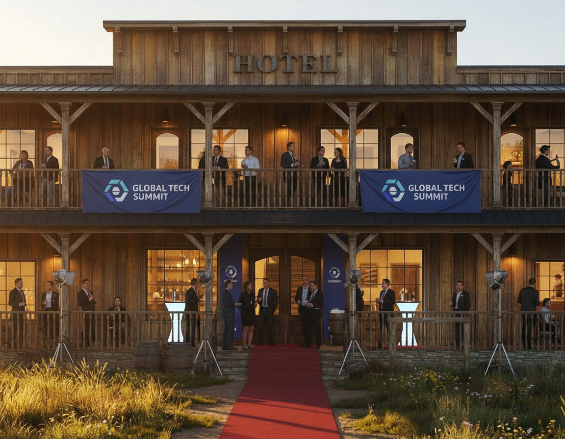 People in business attire stand on the balconies and porch of a rustic wooden building hosting a Global Tech Summit.