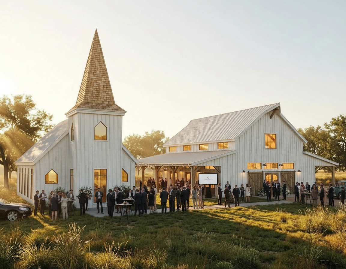 A white chapel and a rustic barn at sunset, with a group of people gathered outside in a grassy, open field.