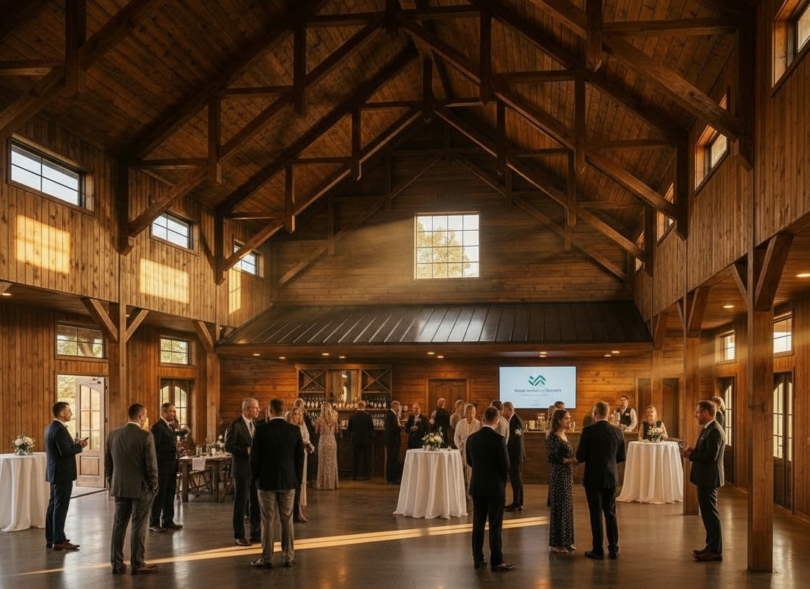 Attendees gather for an event in a rustic, high-ceilinged wooden barn with warm lighting and round banquet tables.