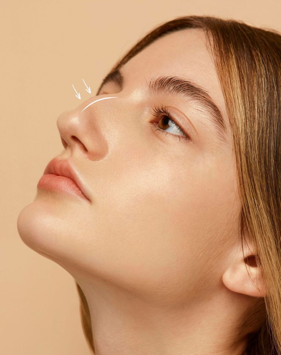 A close up of a woman 's face with arrows pointing to her nose