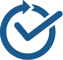 A blue check mark with two arrows in a circle.