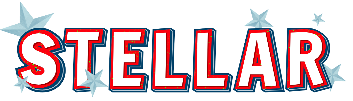 The word stellar is written in red and white with stars around it