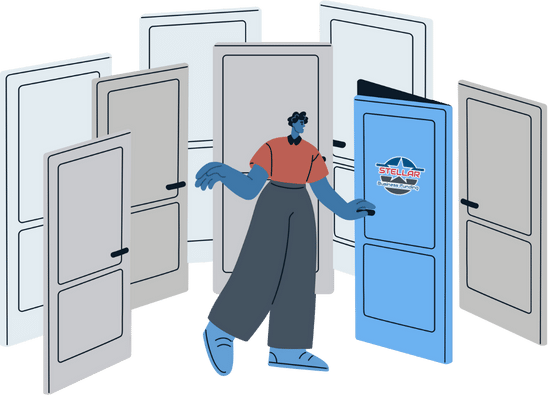A man is standing in front of a bunch of doors.