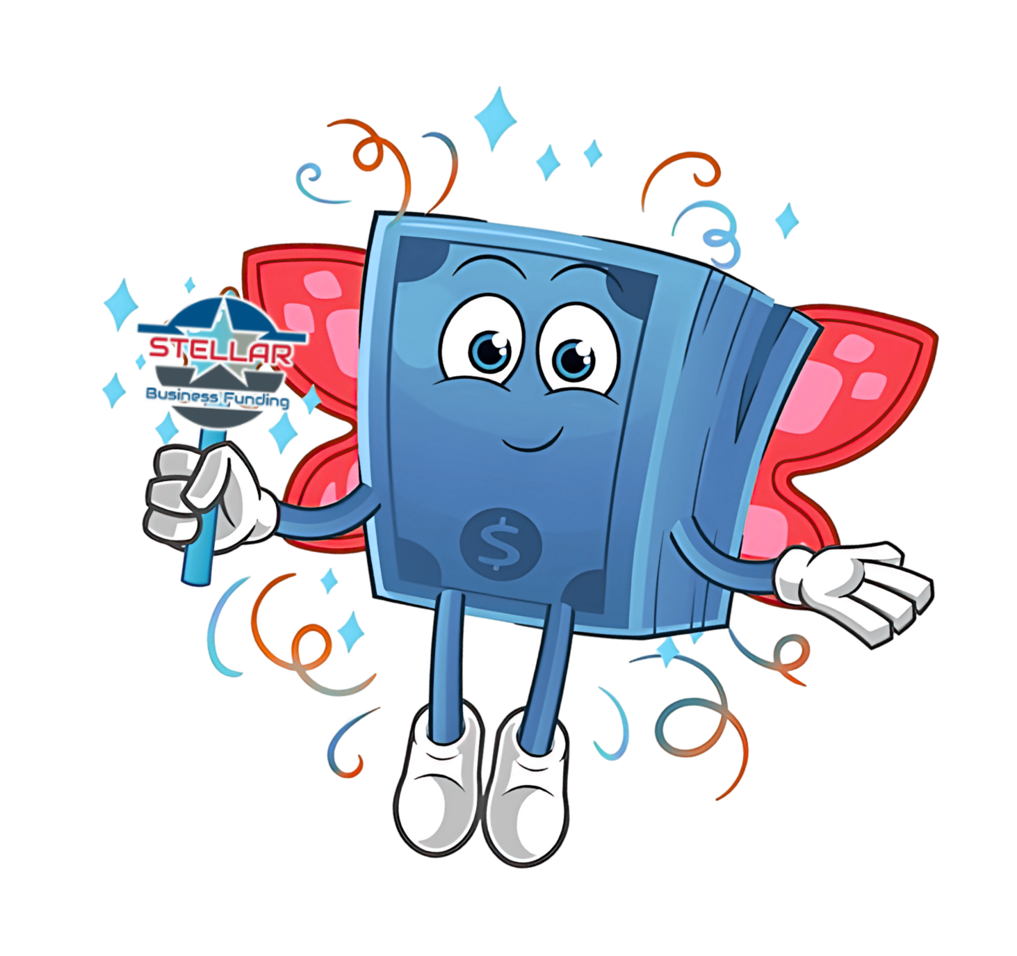 A cartoon illustration of a book with wings holding a microphone.
