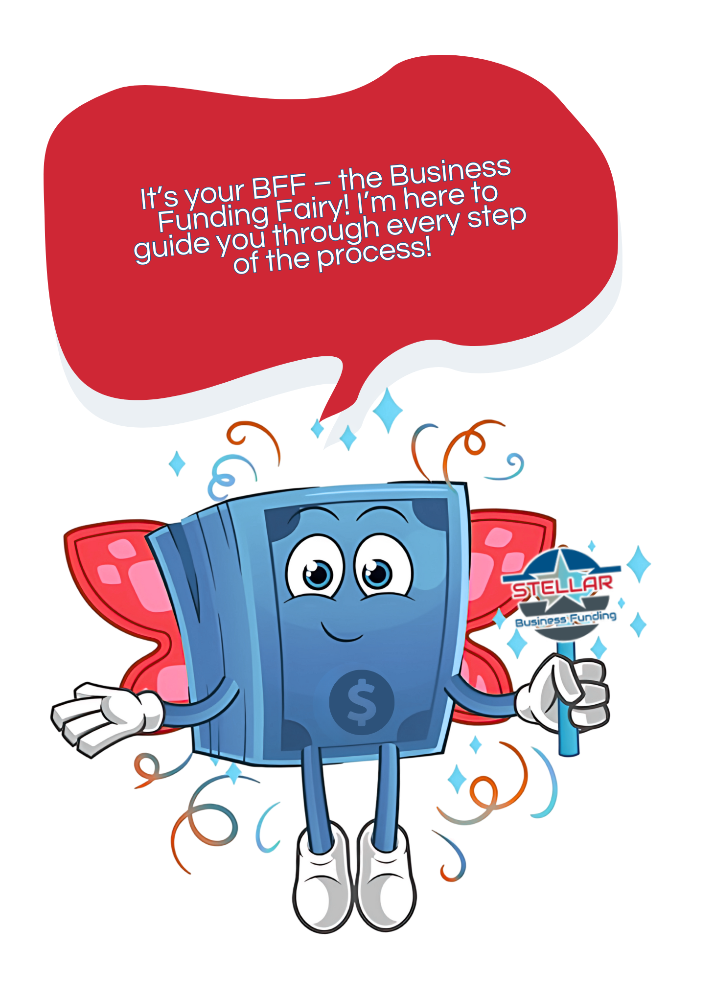 A cartoon illustration of a money fairy with a speech bubble.