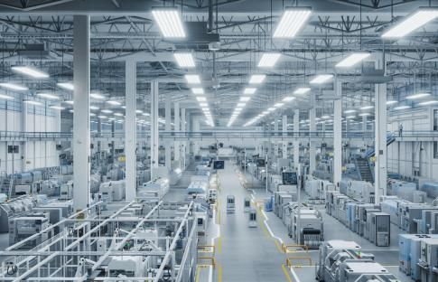 A large warehouse filled with lots of machinery and lots of lights.