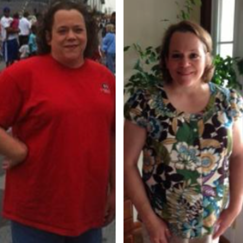 A woman in a red shirt and a woman in a floral shirt