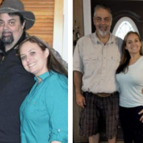 Two pictures of a man and a woman posing for a picture