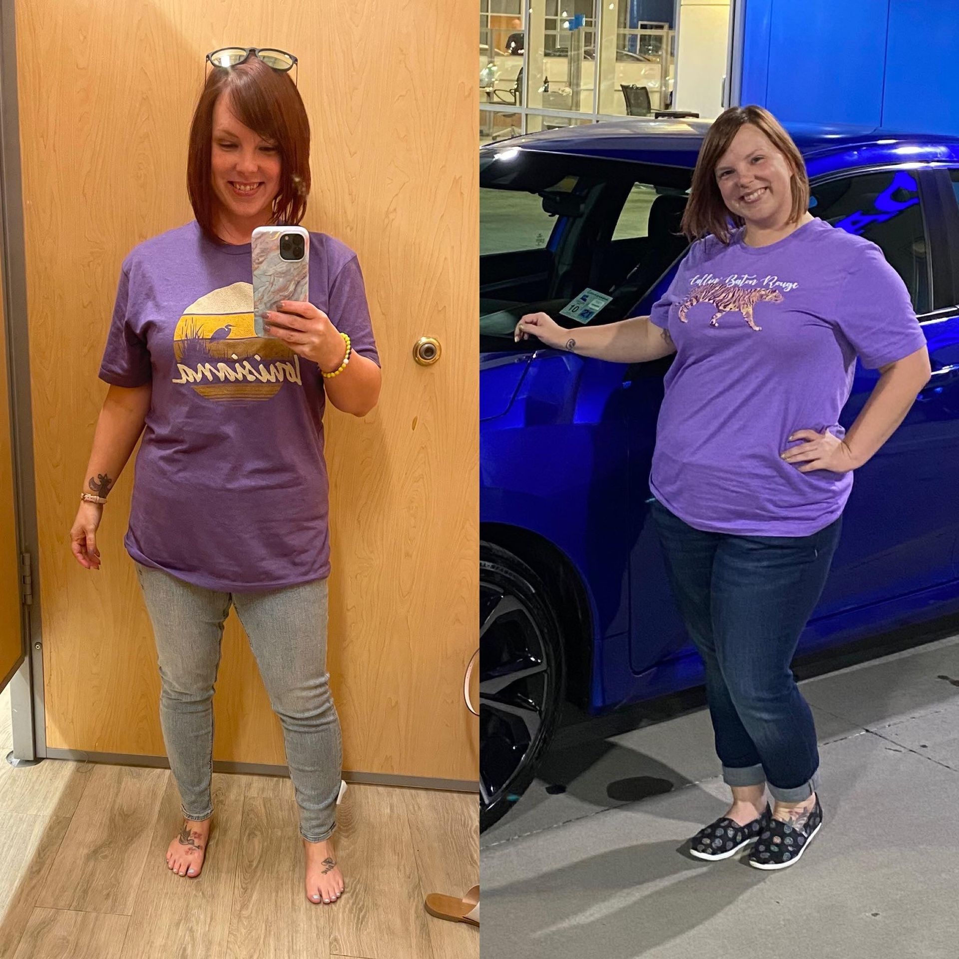 A woman in a purple shirt is standing next to a blue car.