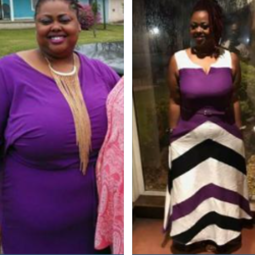 A woman in a purple dress and a woman in a striped dress