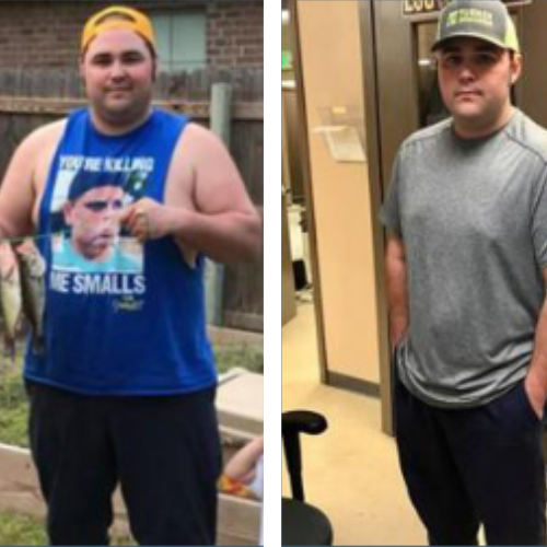 A before and after photo of a man holding a fish