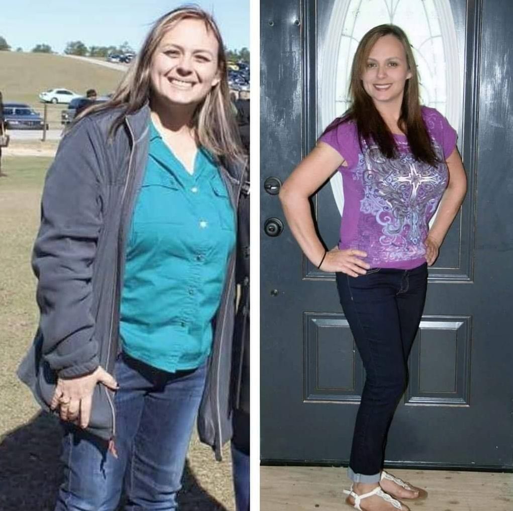 A before and after picture of a woman standing in front of a door