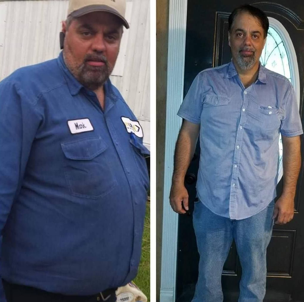A before and after photo of a man with a name tag that says mike