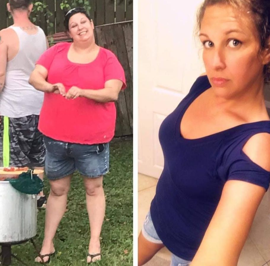 A before and after photo of a woman in a red shirt and blue shirt