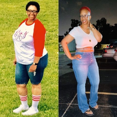 A before and after photo of a woman standing in the grass