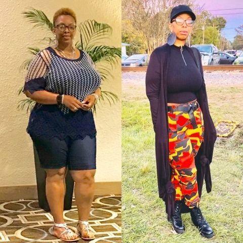 A before and after photo of a woman wearing shorts and a cardigan.