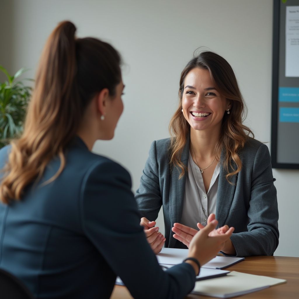 Two women in business attire, smiling and gesturing, at a desk in an office setting.
