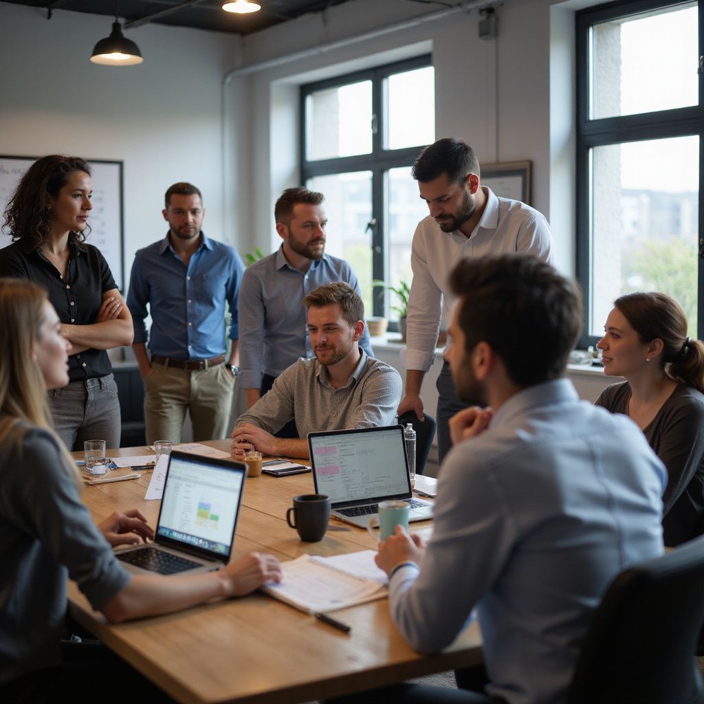 Group of people in an office meeting around a table with laptops, discussing.