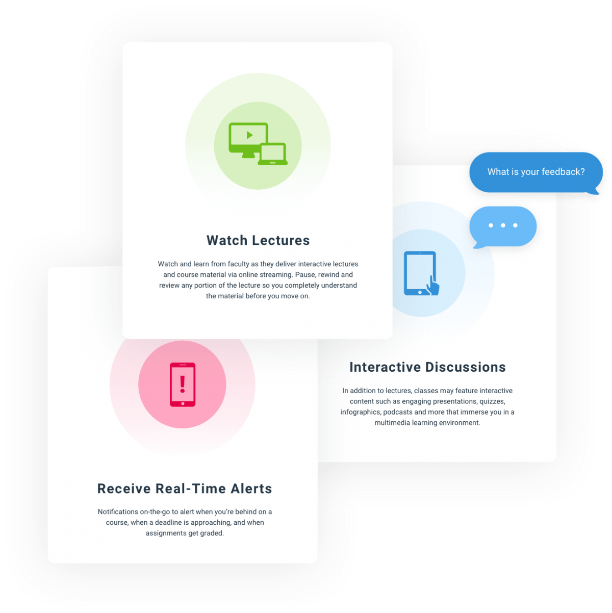 A screenshot of a website that says watch lectures receive real-time alerts and interactive discussions