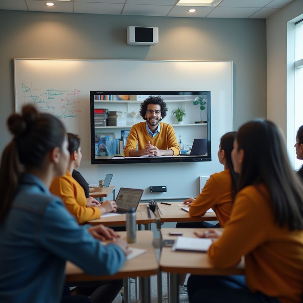 Students in classroom watch a video call with a teacher on a large screen.