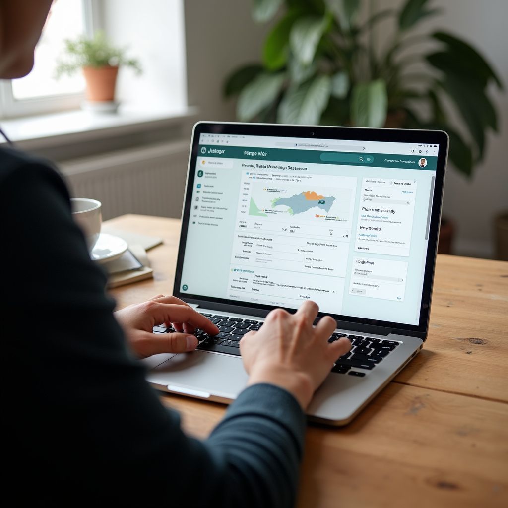 Person working on laptop at wooden desk, looking at data visualizations on the screen.