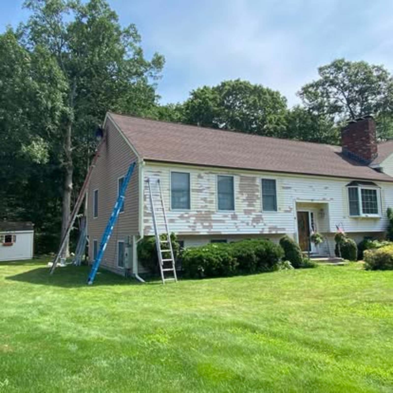 A house with a ladder leaning against it is being painted.