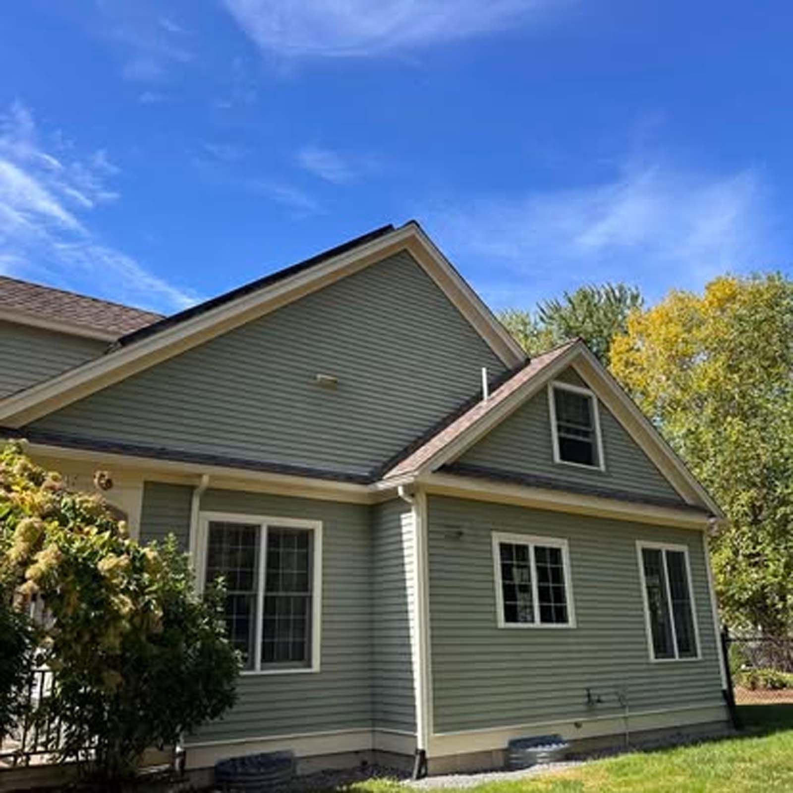 A green house with a brown roof and a lot of windows