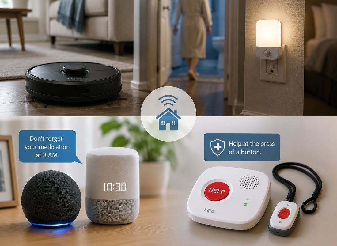 Smart home devices: robot vacuum, voice speaker, smart button, and emergency pendant in a hallway.