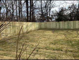 A wooden fence encloses a grassy yard, with trees in the background.