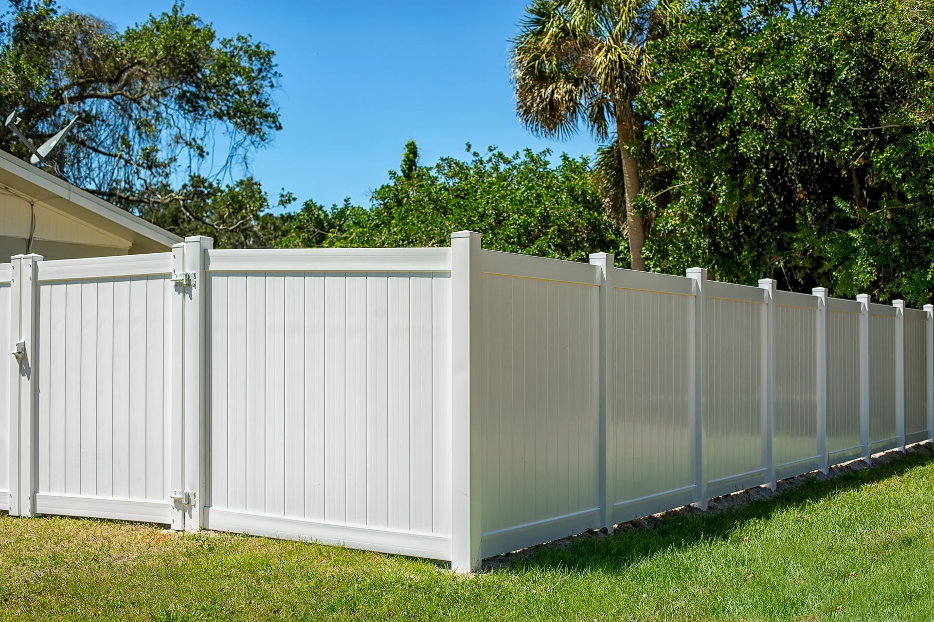 White vinyl fence with gate in a yard with green grass and trees.