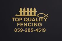 Gold logo for Top Quality Fencing: fence and fish symbols with text "Top Quality Fencing" and phone number on black background.